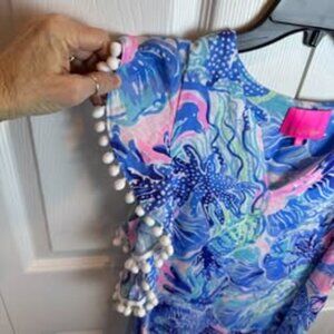 Lilly Pulitzer Women's XS Astara linen lined dress flutter sleeves V-neck pompom